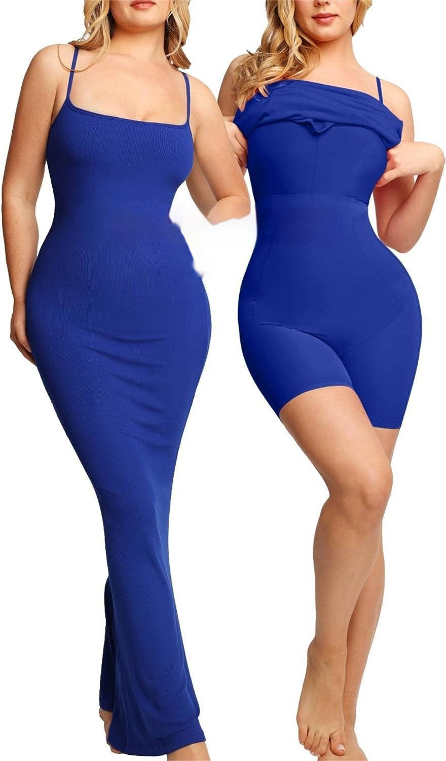 Two women wearing blue stretchy body-com dress