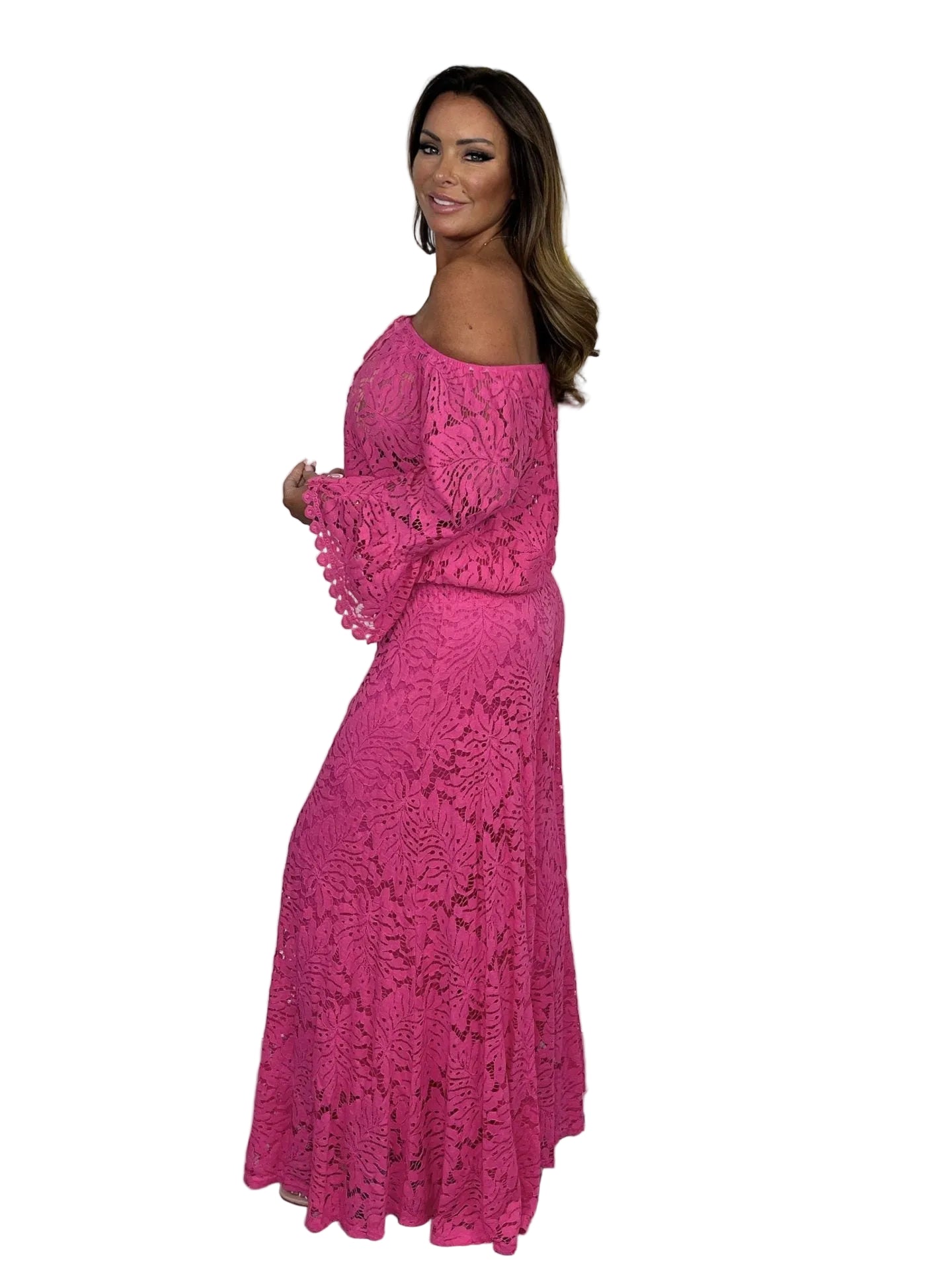 
luxurious elegant pink  lace off shoulder pants suit women
