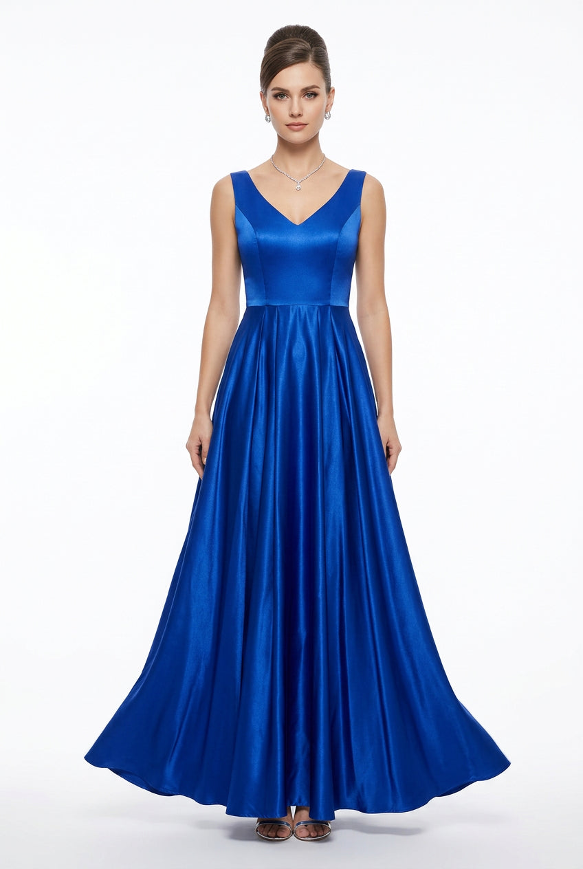 Deep V Neck Sleeveless Backless Bow Ball Evening Dress in Blue