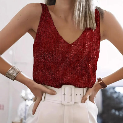 red sequin top and white pants for christmas celebration party 