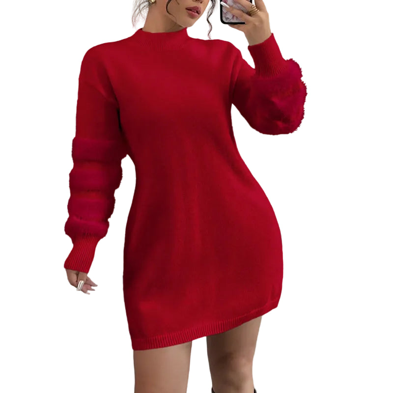 Person wearing a red sweater dress for the holidays 