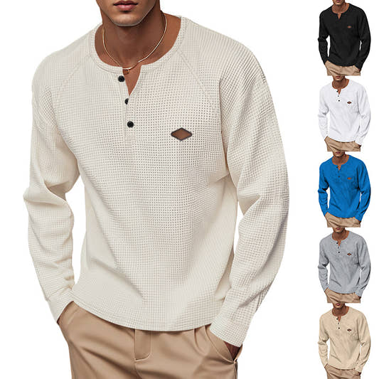 Man wearing a beige long-sleeve shirt with a small logo, surrounded by other color options on a white background.