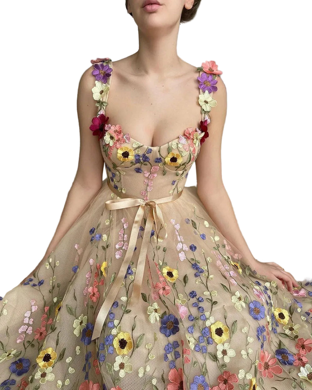 Champagne floral applique A-line prom gown three quarter view showing floral straps and full skirt

