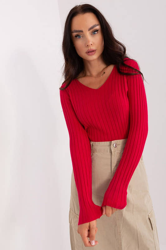 Soft Ribbed V-Neck Sweater Red Viscose Jumper jewelry from Uplift Luxe