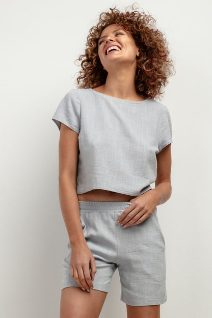 modern grey linen blouse for women by Tessita