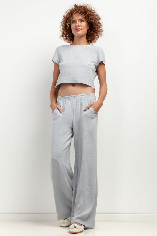 Grey linen pants for women, wide-leg cut with stylish comfort