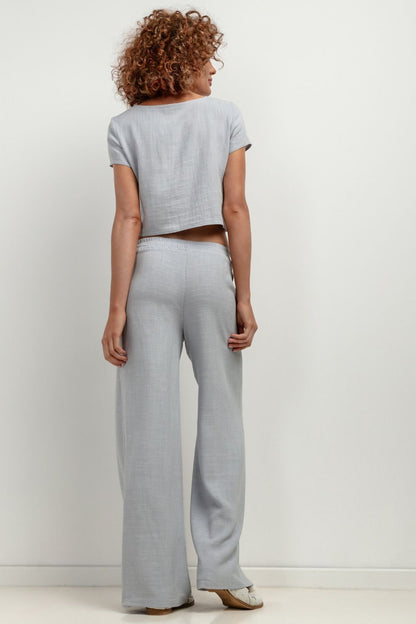 European grey linen trousers, breathable and modern