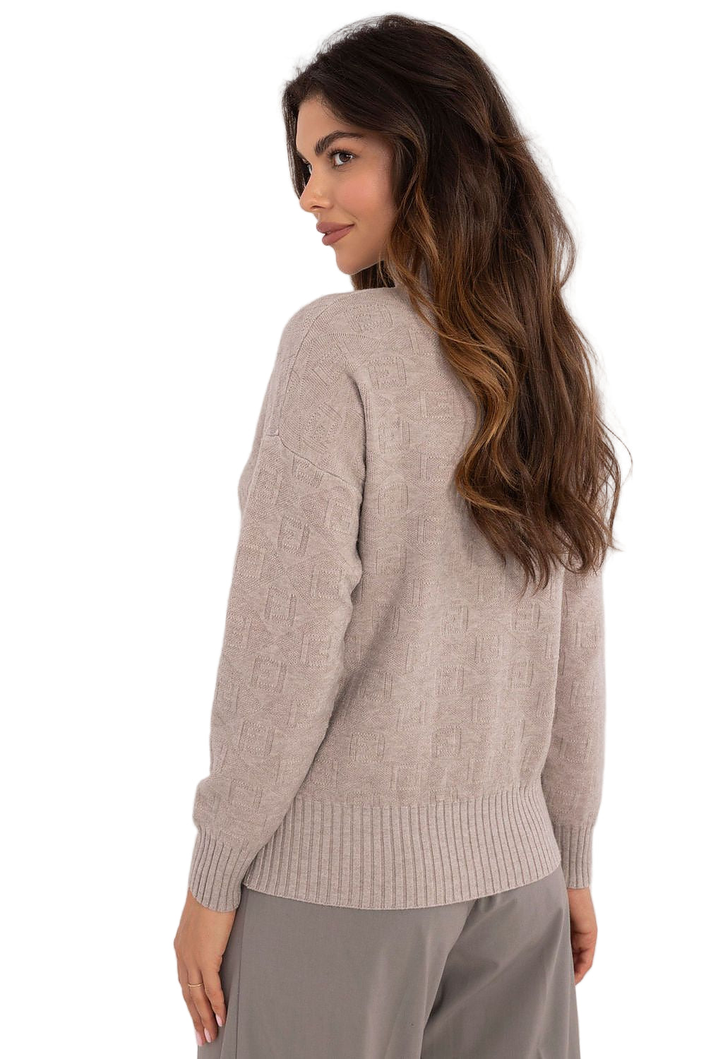 Model wearing a a beige half turtleneck sweater - perfect for work