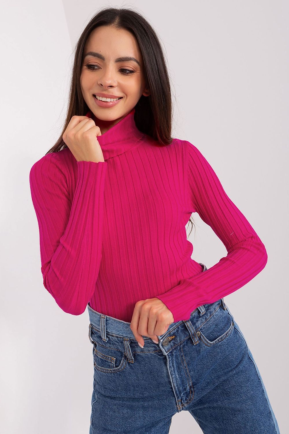 bright pink ribbed sweater with a turtle neck and long sleeve 