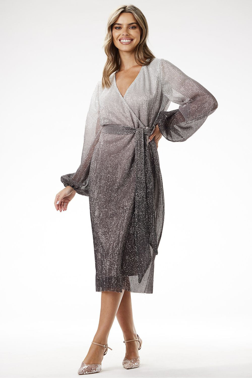Model wearing grey sequin wrap midi dress with waist belt – glamorous formal outfit