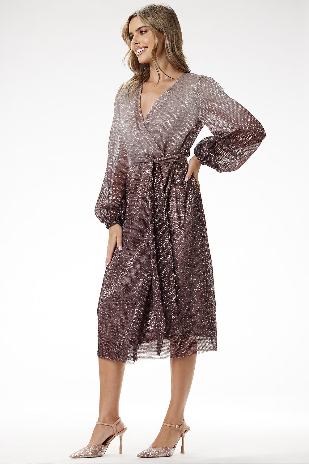 Sparkling brown sequin midi dress by Awama – long sleeve wrap silhouette with satin lining