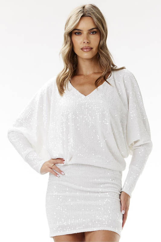  white kimono sequin mini dress with long sleeves and boat neckline 