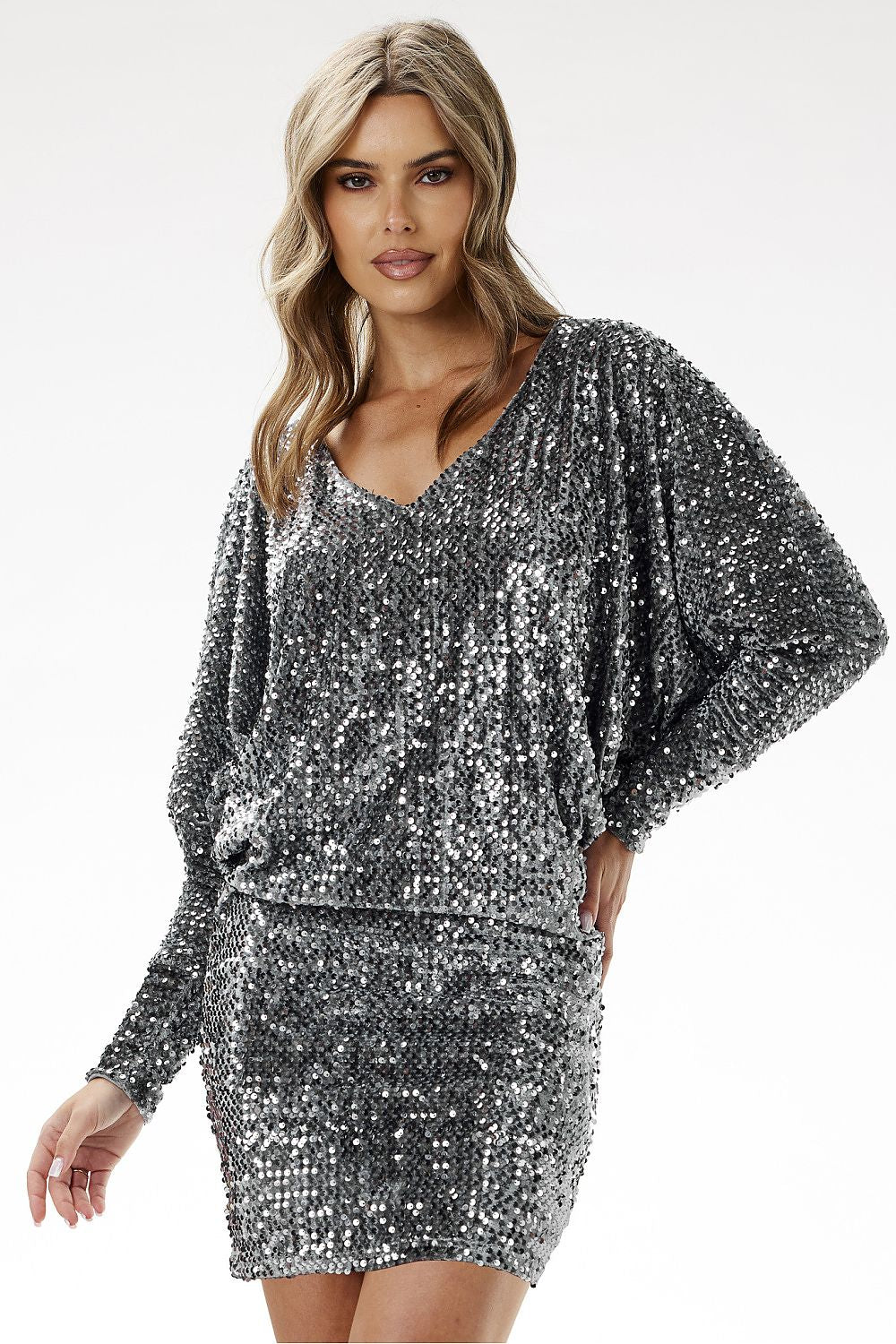 grey kimono sequin mini dress with boat neckline – sparkling evening outfit"