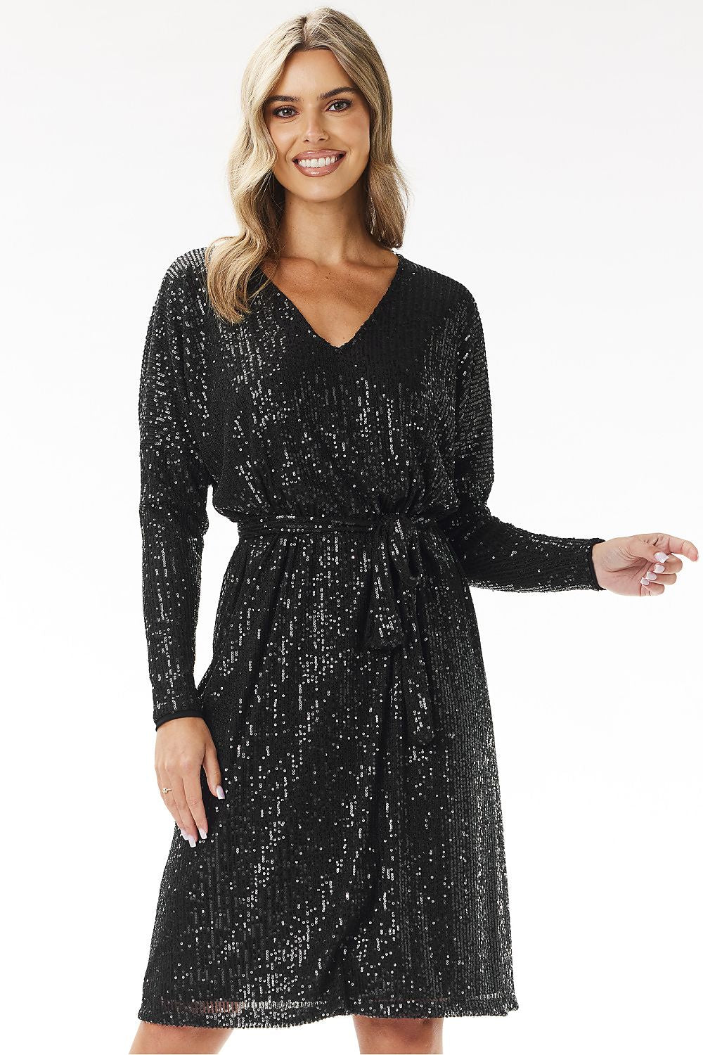 Awama sequin trapeze midi dress with V-neck – elegant evening dress with sparkling sequins