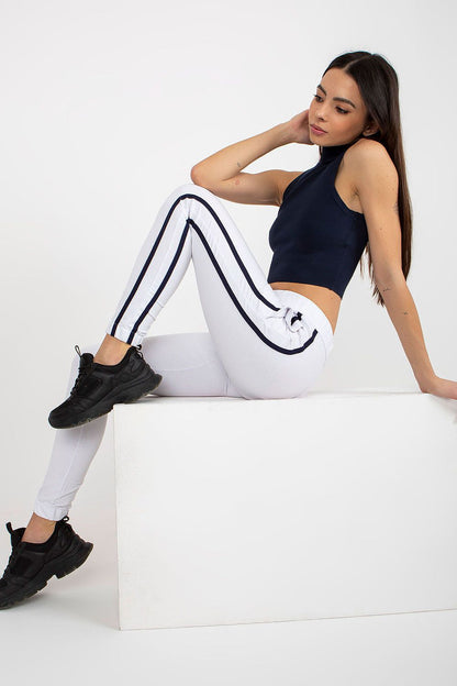 Side view showing elastic waistband and contrasting stripes