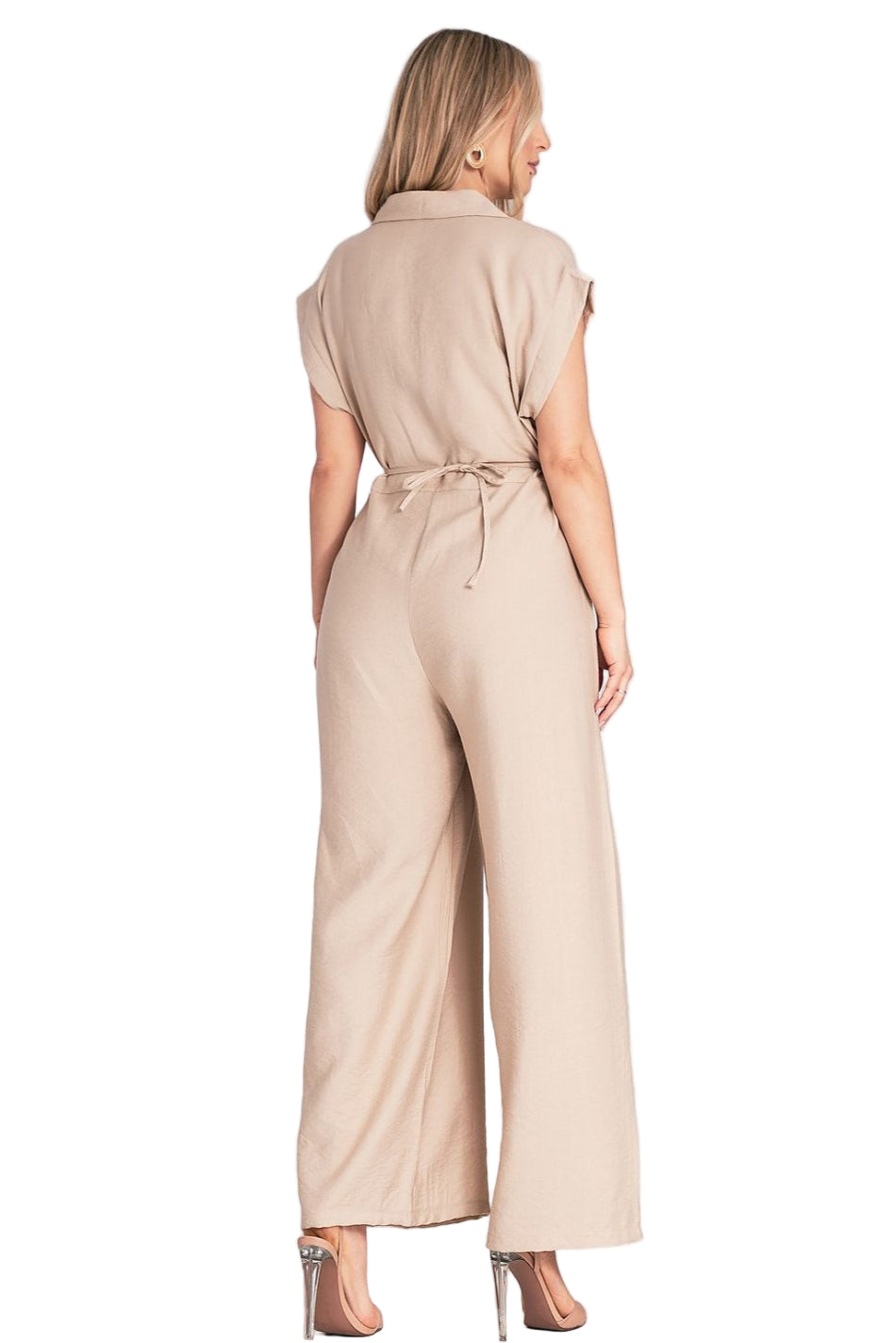 "Wide leg jumpsuit back view showing loose comfortable fit"