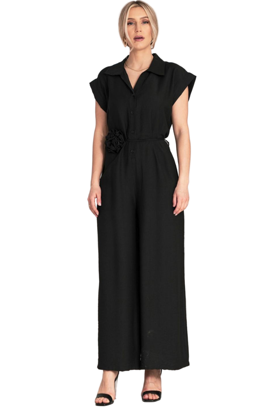 Button front jumpsuit with collar and wide legs - Figl fashion
