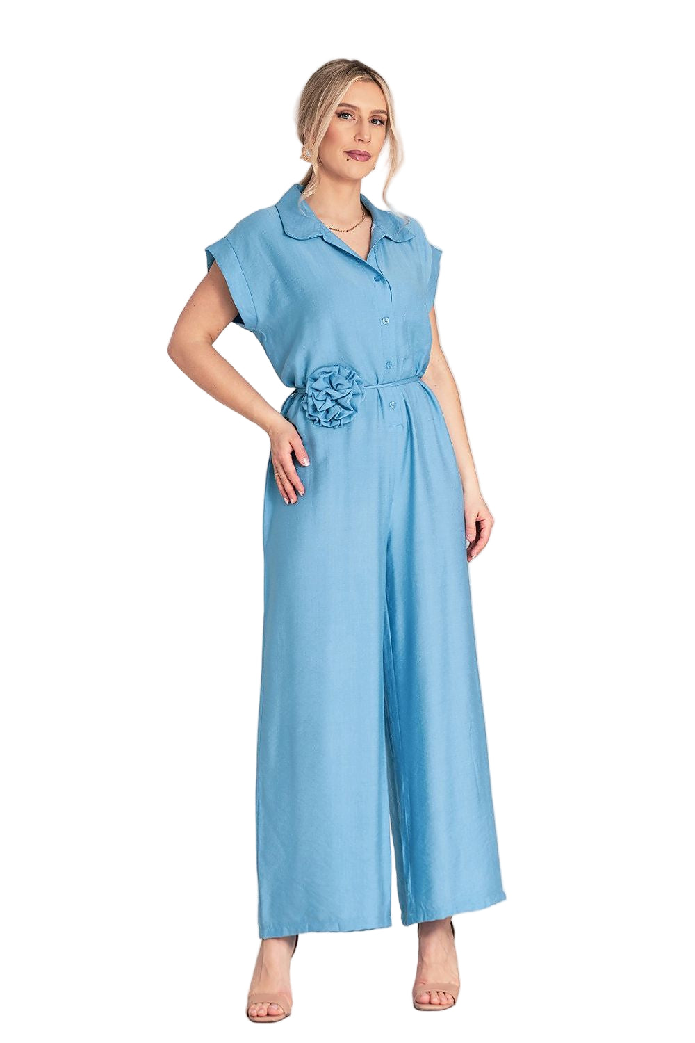 Decorative floral belt detail on wide leg blue jumpsuit waist