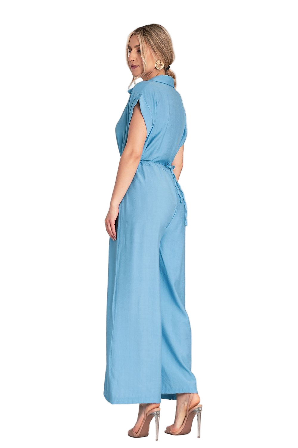 Button front closure and collar detail on elegant jumpsuit