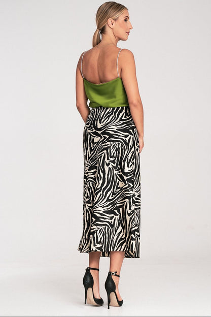  back look of a dressy green satin top and a zebra skirt 