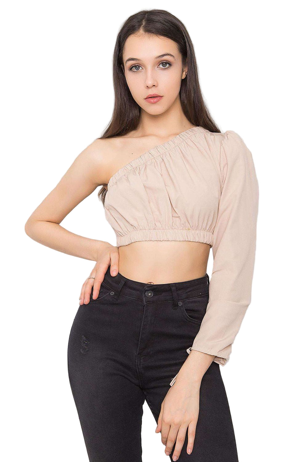 beige one-shoulder top 