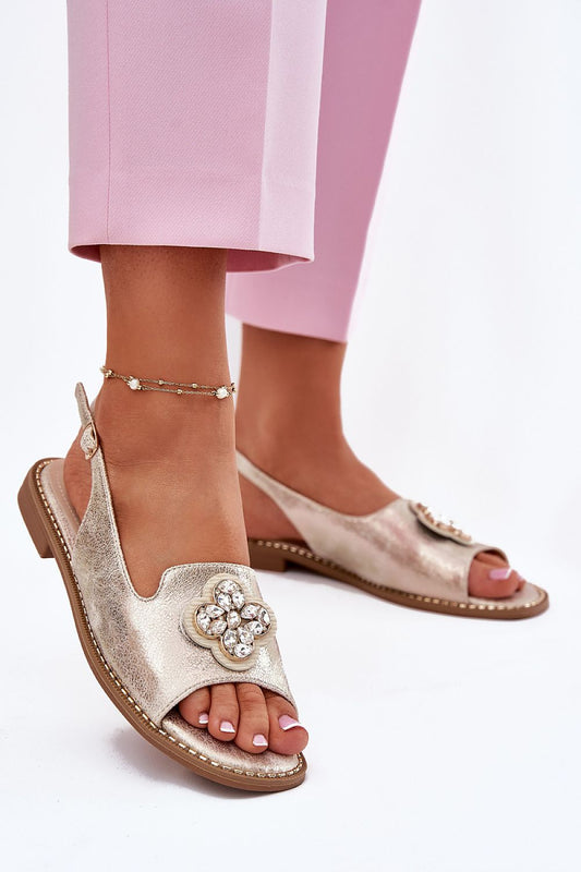 women’s eco‑leather flat heel sandals with decorative detail and adjustable buckle strap