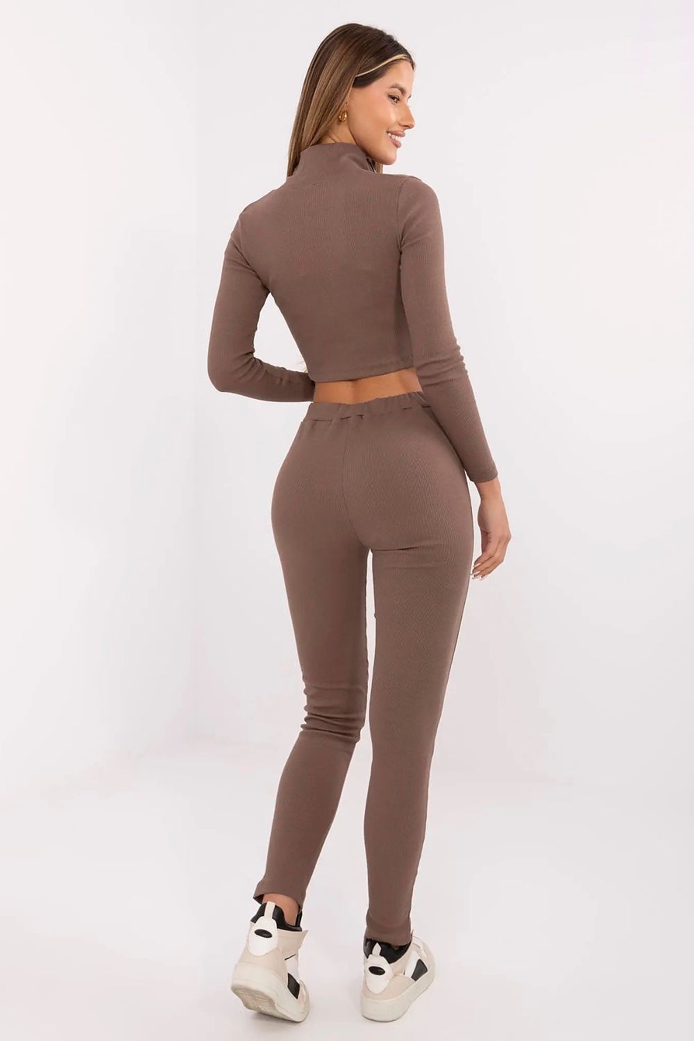 brown long-sleeve top and leggings set 