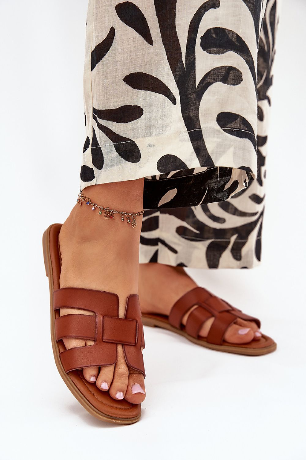 Women’s brown eco‑leather flat heel sandal 