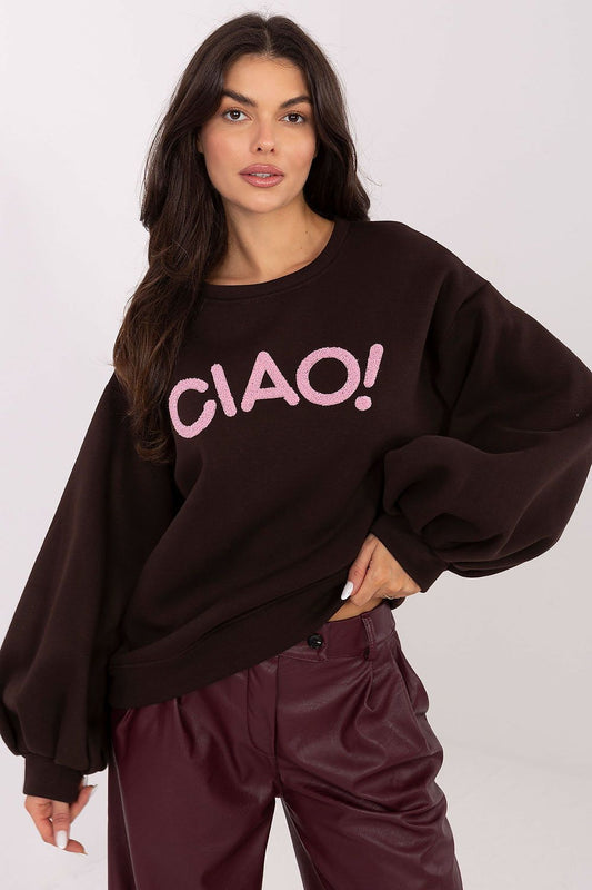Rue Paris brown sweatshirt with dramatic puff sleeves and decorative patch


