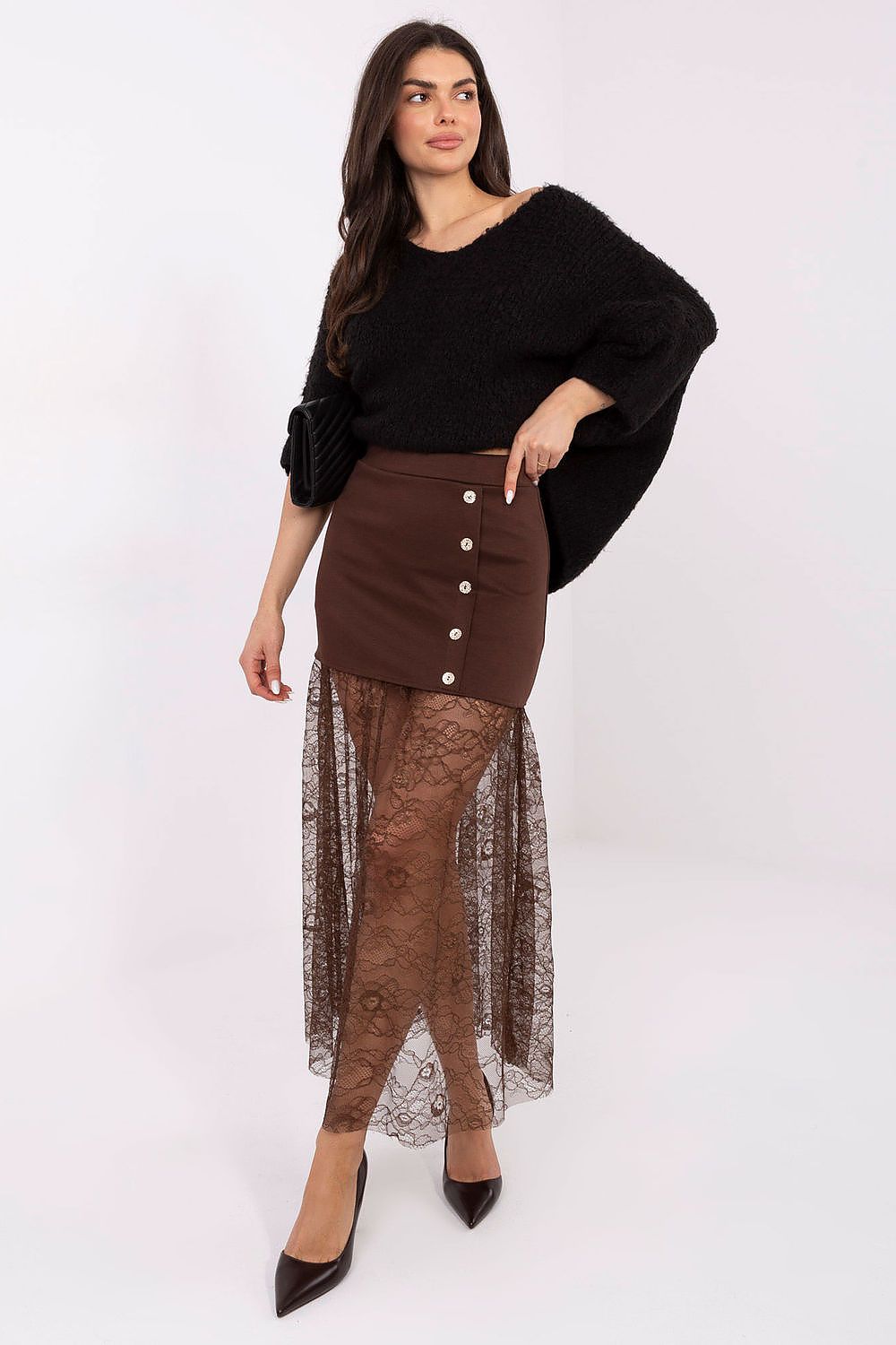 Brown midi skirt with lace insert extending from mini to midi length

