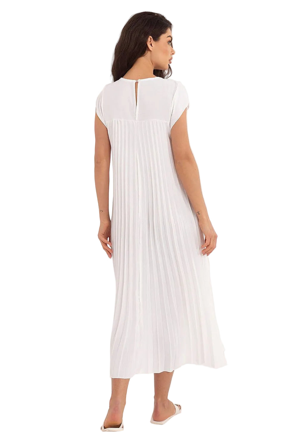 French-Made Pleated Midi Dress with Round Neck Cap Sleeves Deep Open Back and Side Pockets
