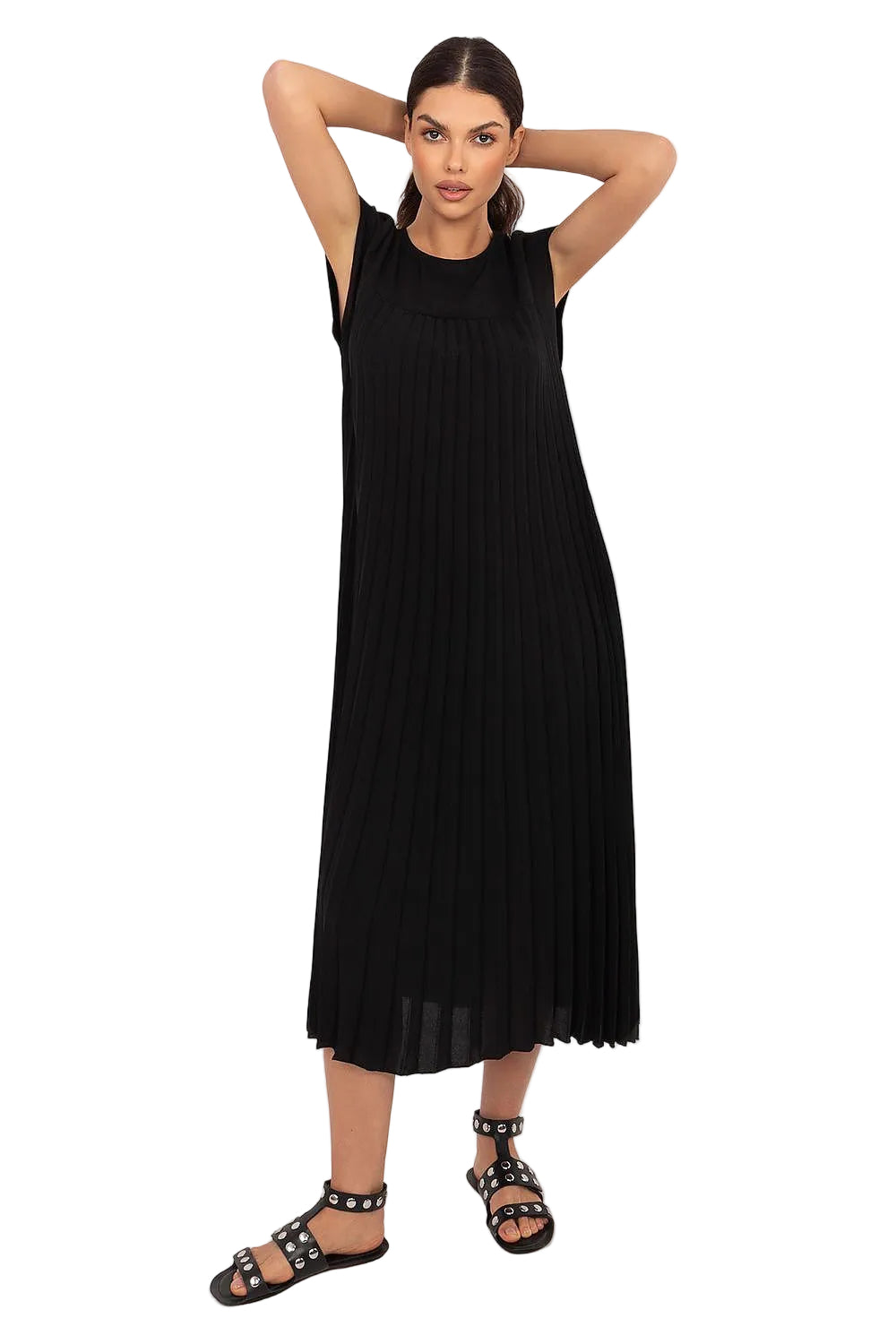 Cap Sleeve Round Neck Open Back French Pleated Midi Dress with Fine Even Pleats and Pockets
