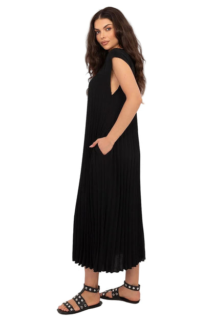 Lightweight French Pleated Midi Dress with Short Cap Sleeves Deep Open Back and Floor-Grazing Pleated Hem