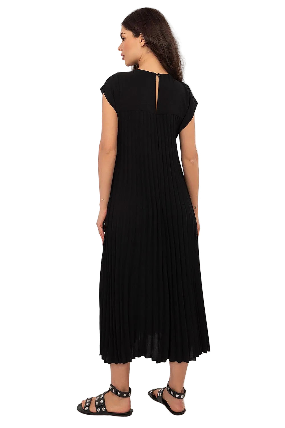 Open Back Cap Sleeve Pleated French Midi Dress with Side Pockets and Dramatic Flowing Pleated Skirt
