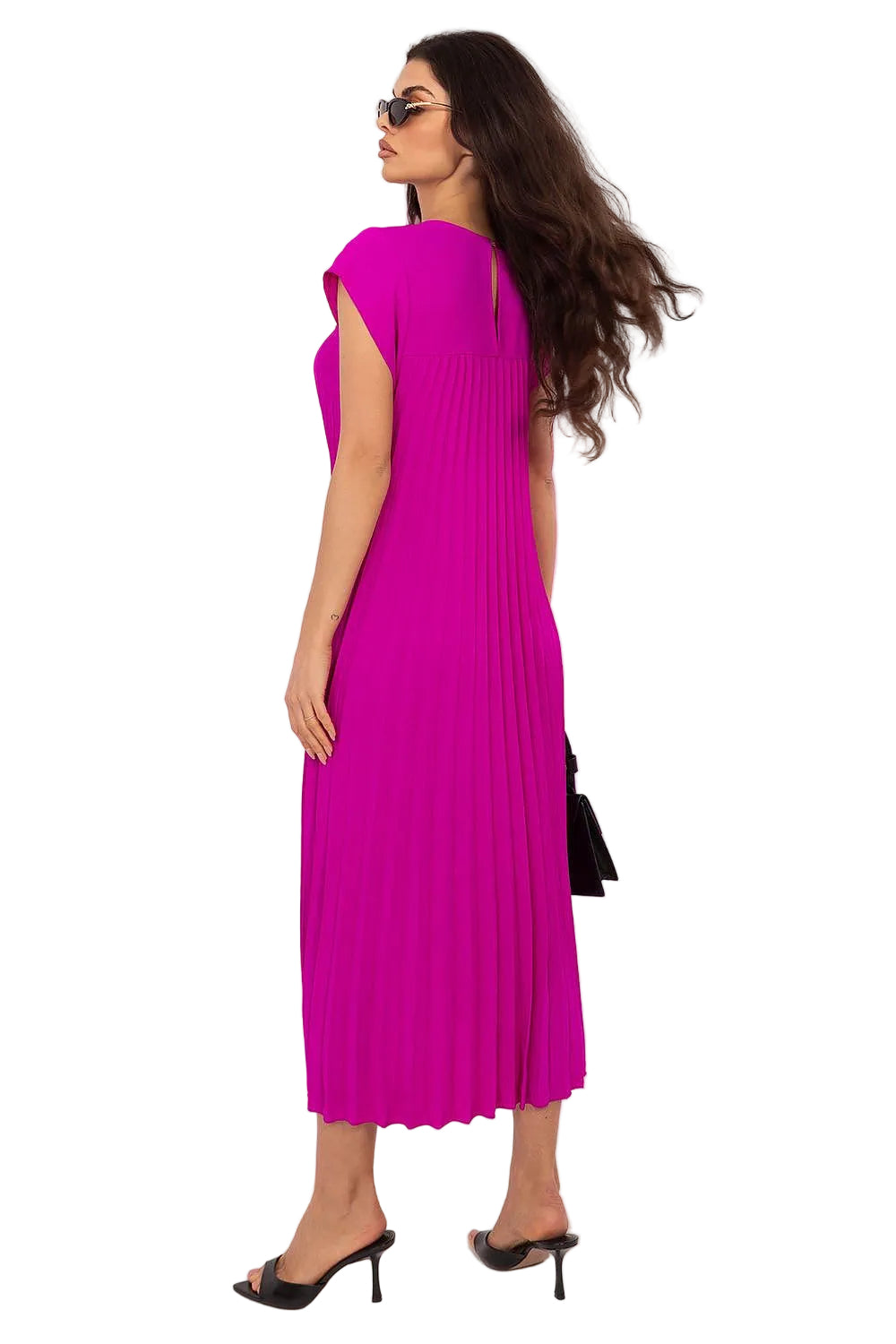 Cap Sleeve Open Back French Pleated Dress with Full Midi Length Fine Pleats and Hidden Side Pockets
