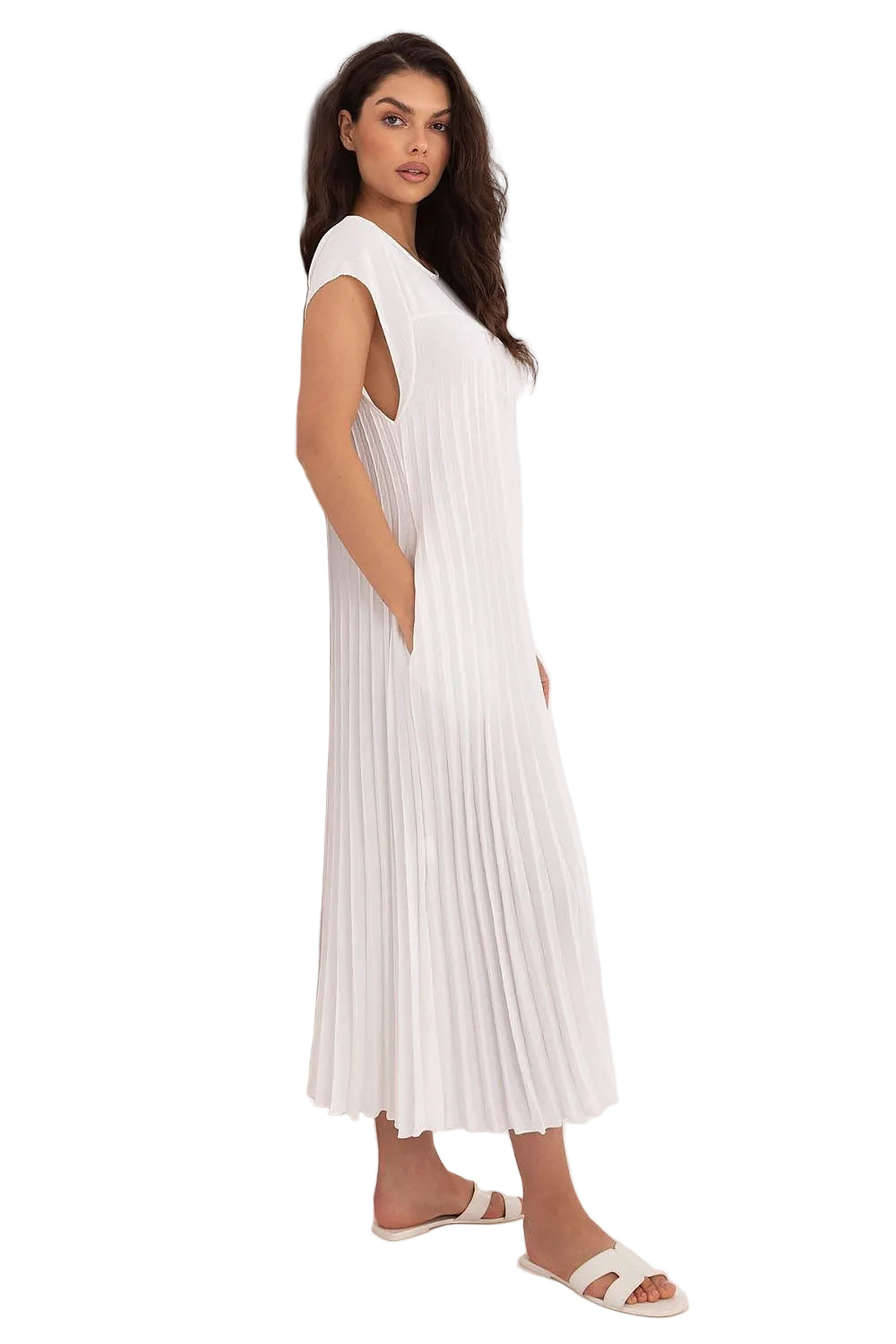 Fluid Full Pleated Skirt Cap Sleeve Midi Dress with Open Back Cutout and Discreet Side Pockets

