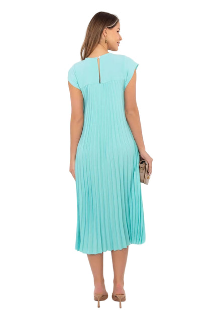 Elegant French Pleated Midi Dress with Round Neck Short Cap Sleeves Deep Open Back and Pocket Detail
