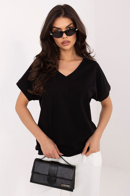 Women's V-neck short sleeve European blouse in black — front view
