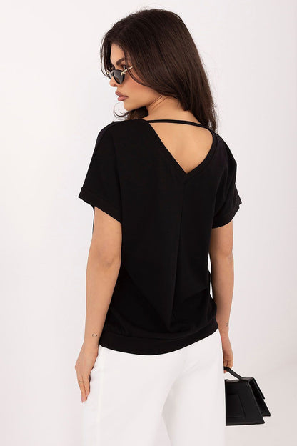 Back view of V-neck detail on women's short sleeve blouse in black 
