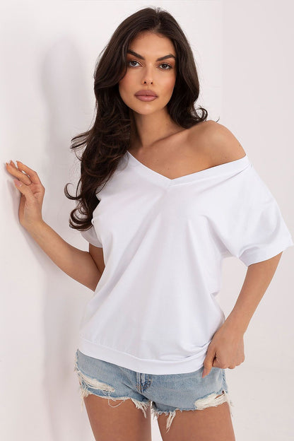 V-neck short sleeve blouse in white colourway — front view women's top
