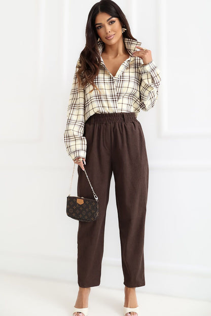 Model wearing ribbed corduroy elastic 