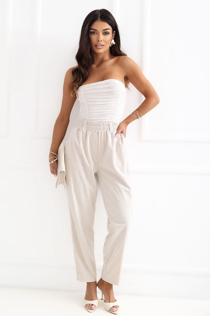 Front view of straight leg ribbed corduroy pull-on trousers on model
