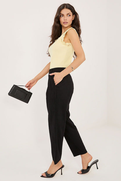 side view of ribbed corduroy relaxed fit trousers with pull-on waistband
