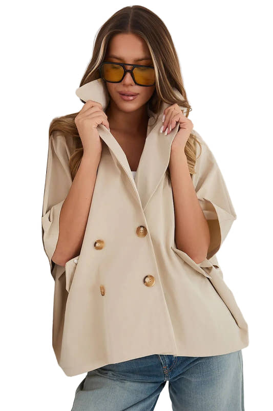 Double-Breasted Cape Blazer Coat with Four Gold Buttons and Wide Batwing Sleeves - French Coat
