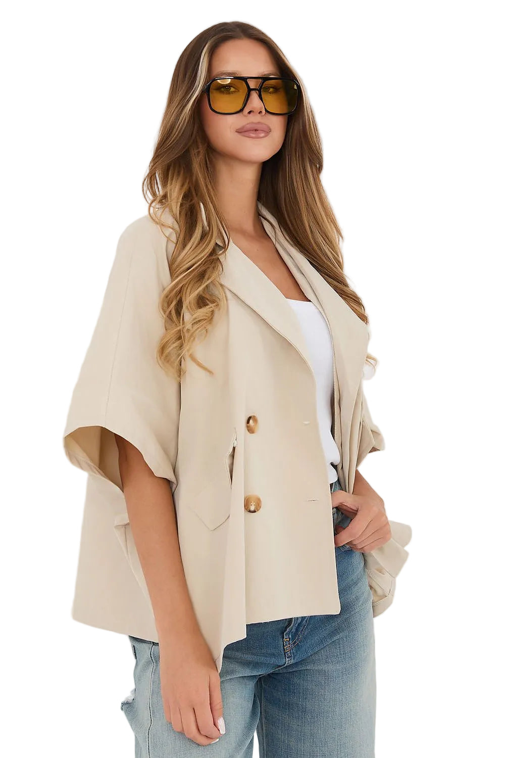 Double-Breasted Cape Blazer Coat with Four Gold Buttons and Wide Batwing Sleeves - French Coat
