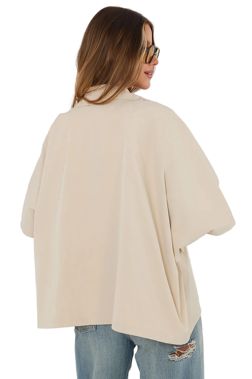 Short Hip-Length French Cape Blazer Coat with Double-Breasted Gold Button Fastening and Lapel Collar
