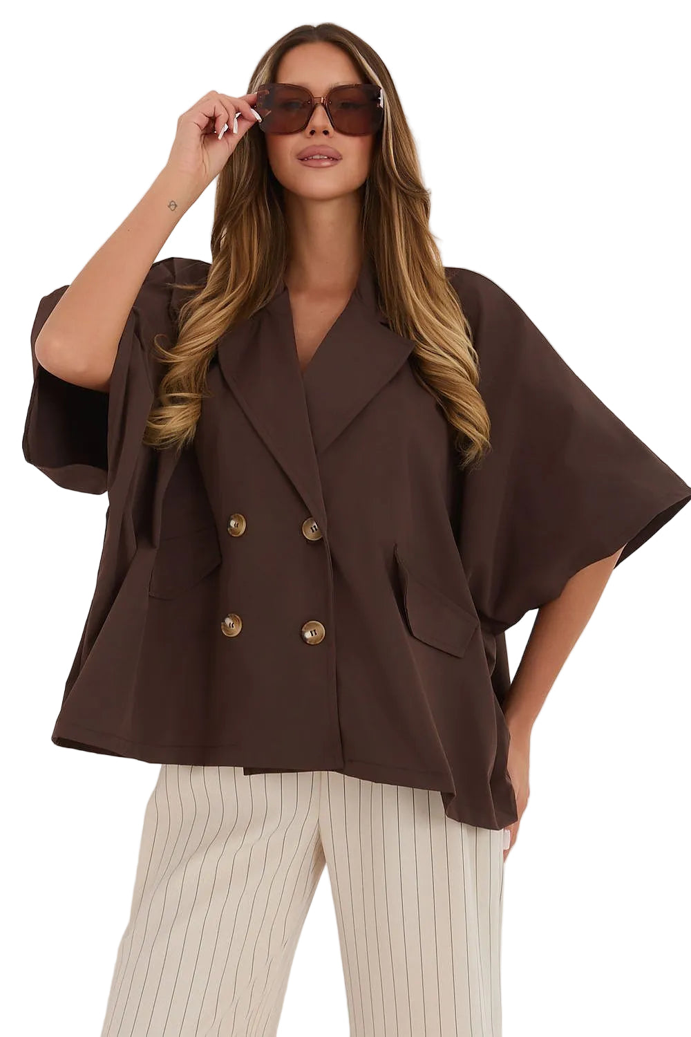 Oversized Cape-Style French Blazer Coat with Gold Buttons and Wide Open Batwing Sleeves
