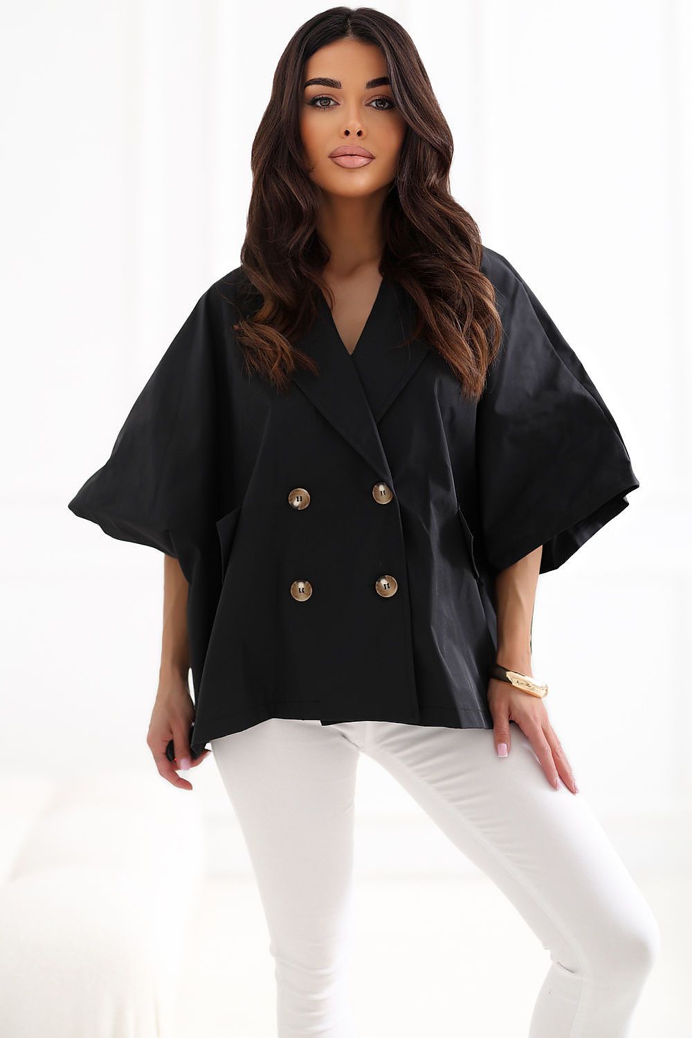 Short Double-Breasted French Cape Coat with Wide Sleeve Sweep and Gold Military-Style Buttons
