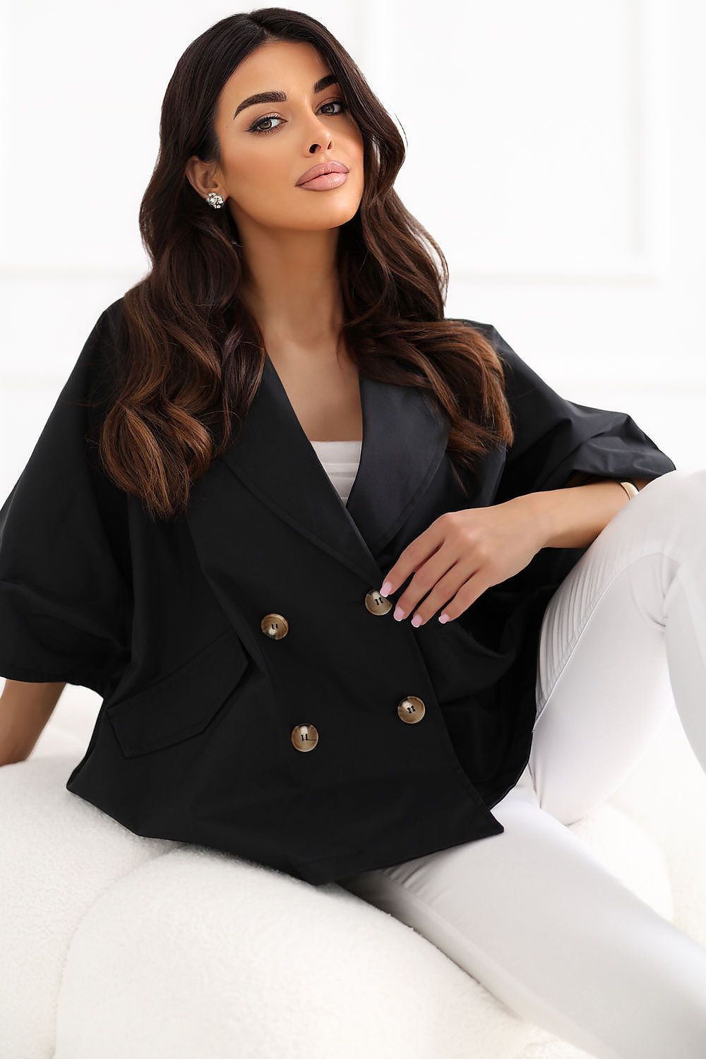 Parisian Cape Blazer Coat with Batwing Sleeves, Double-Breasted Gold Buttons, and Hip-Length Cut
