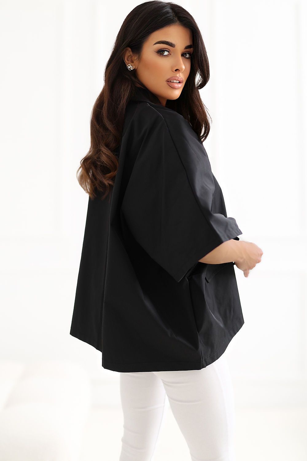 French Fashion Cape Coat with Structured Lapel Collar, Gold Buttons, and Dramatic Wide Sleeves
